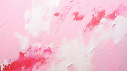 Chaotic pink and red brush strokes and paint spots converge on white paper, forming a vivid and contrasting abstract background.