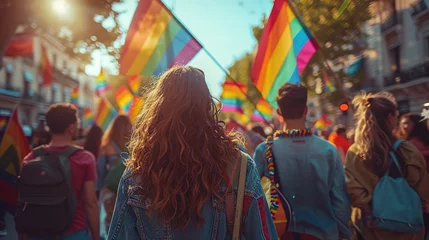 Crédence de cuisine en verre imprimé Etats Unis People with rainbows flags in the annual Pride Parade. Generative Ai. 