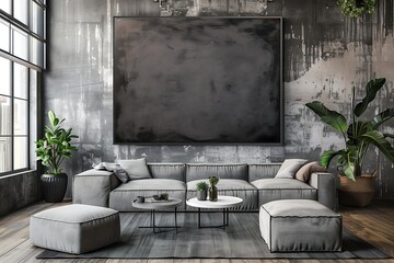 A living room with a large black framed picture on the wall
