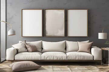 A living room with a white couch and three framed pictures on the wall