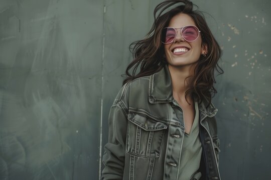 A woman wearing a green jacket and sunglasses is smiling