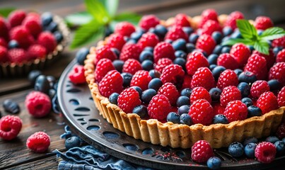 Delicious tartlets with fresh raspberries and blueberries on wooden background. Generative Ai.  - Powered by Adobe