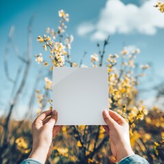 Naklejka premium Person Holding Blank White Card in Spring Blossom Field with Blue Sky