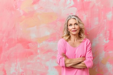 A woman in a pink shirt is standing in front of a pink wall