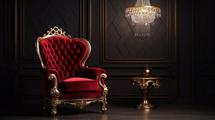 Gilded in shimmering gold and upholstered in rich red velvet, a luxurious armchair exudes extravagance and refinement. - obrazy, fototapety, plakaty