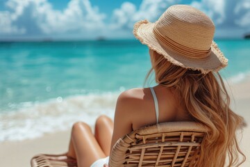 Back of girl on beach looking at sea