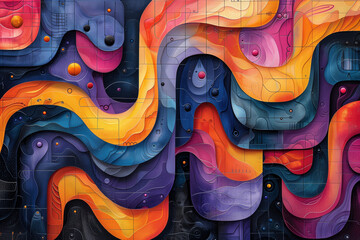 Dynamic abstract compositions inspired by Batik techniques, blending shapes, lines, and colors in vibrant patterns