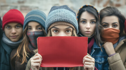 Group of young activists with a red sign.