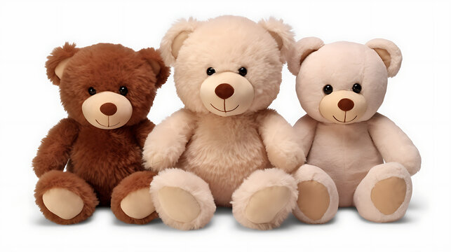 Three teddy bears sitting on white background, closeup of photo