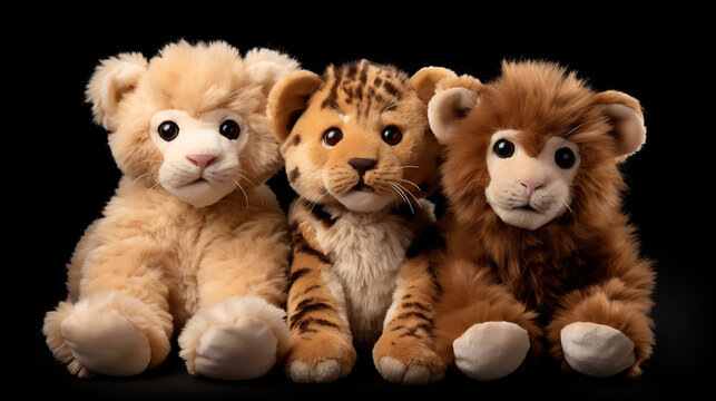 Group of cute baby lion cubs isolated on black background, closeup