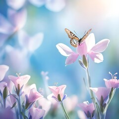 Obraz na płótnie Canvas Dreamy spring bellflowers bloom, butterfly close-up, sunlight panorama. Spring floral mixed media art. Delicate artistic toned image. Pastel blue pink toned. Macro with soft focus. Nature background