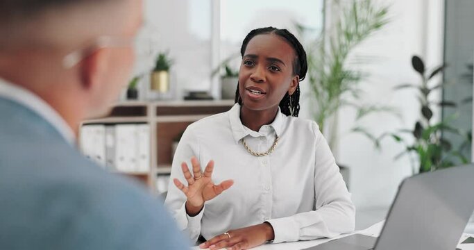 Meeting, discussion and business black woman in office for planning, conversation and consulting. Corporate, human resources and workers for collaboration, teamwork and talking for interview feedback