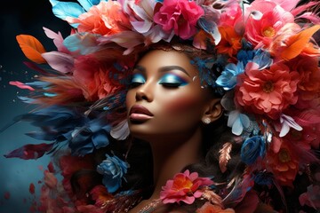 Elegant woman with vibrant floral and feather headpiece in artistic concept photo