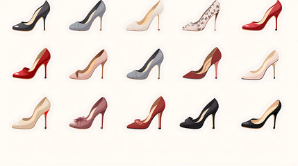 Set of different high heel shoes isolated on white background.