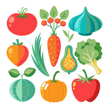 Vegetables and fruits set in flat style. Vector illustration.