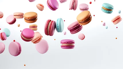 Foto op Canvas Colorful macarons falling on white background. © Argun Stock Photos