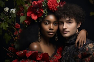 Fototapeta premium Elegant couple in stylized floral apparel posing in a studio setting