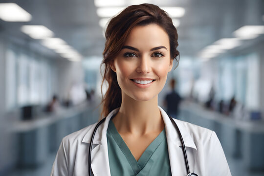 A close-up image showcasing a smiling, beautiful female doctor in a hospital setting against a blurred backdrop puts the emphasis on the doctor.