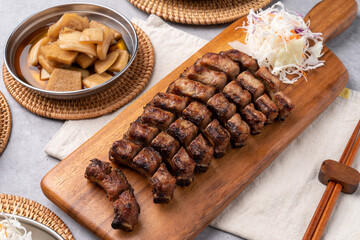 Pork ribs, sweet taste, grilled salt, spicy, Korean food, side dishes, red pepper, cabbage, onion, lettuce