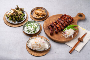 Pork ribs, sweet taste, grilled salt, spicy, Korean food, side dishes, red pepper, cabbage, onion, lettuce