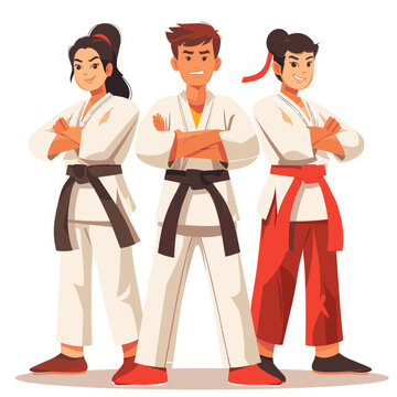 Three Youthful Karate Team Members Standing Together, To convey a sense of teamwork, Svg Eps Vector File