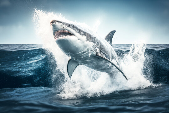 A great white shark jumps out of the water. 