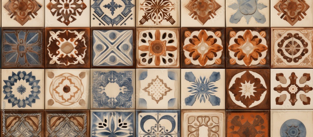 Poster a collection of vintage retro ceramic tiles showcasing various unique designs and patterns. these ti