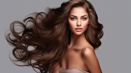 Fototapeta premium Beautiful young woman with long healthy brown hair. Studio shot.