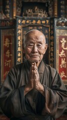 Naklejka premium Japanese man wearing traditional clothes folding hands praying