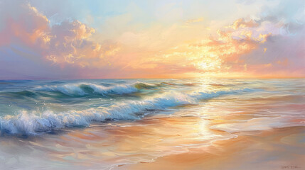 Fototapeta premium Serene beach scene at sunset with soft pastel colors and gentle waves
