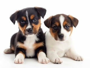 Adorable Tricolor Puppies Friends Sitting Together on White Background