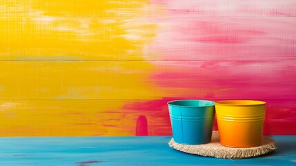 Vibrant Paint Buckets on Colorful Abstract Painted Background