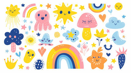 Colorful and playful vector illustration set with cartoon elements