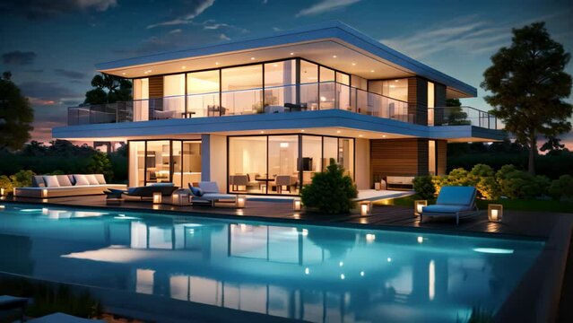 3d rendering of modern cozy house with pool and parking for sale or rent in luxurious style. Sunset with beautiful sky, Luxury house with swimming pool at night. 3d rendering, AI Generated