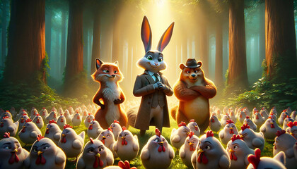 Fantasy forest with fox, rabbit and bear in the middle of group of chicken illustration concept