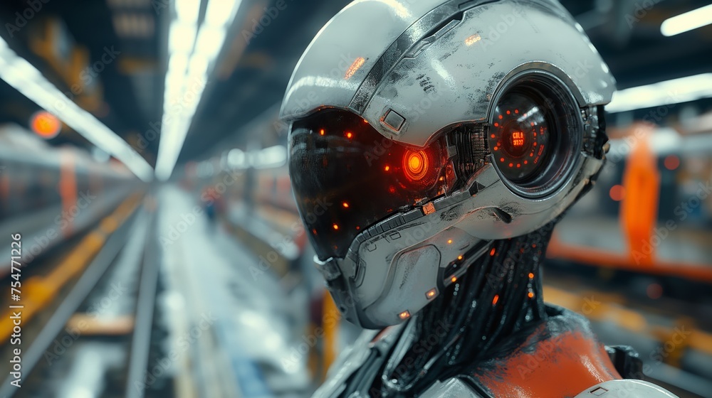 Poster the dynamic interplay of ai, robotics, and business strategy, visualized in a future-forward magazin