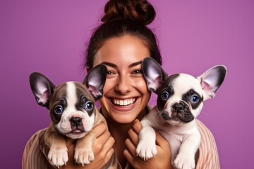 Joyful woman with two adorable French Bulldog puppies on a purple background
