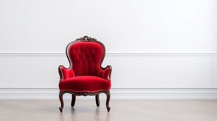 Positioned before a blank white wall with parquet flooring, a red Baroque chair adds elegance to the left side of the view.