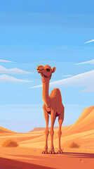 A camel roams the vast desert landscape under a clear blue sky