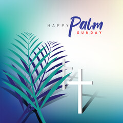 Happy Palm Sunday holiday card, poster with realistic palm leaves and cross. Social media post design concept