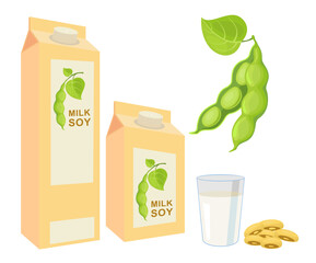 Soy milk package, soybeans and soy milk in glass. Soybean product. Vector illustration isolated on white background.