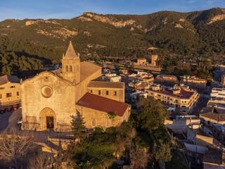Santa Maria church and Andratx town, aerial view at sunset, Majorca, Balearic Islands, Spain