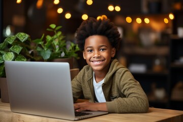 Young student engaged in online learning at a cozy cafe setting
