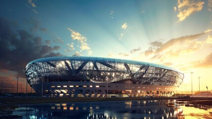 Obraz premium Shopping Mall Building Exterior view at night. 3d render, 3d building, home exterior, mosque, shool, image AI, footbol stadion.