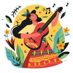 Mexican woman playing guitar, vector illustration. Cinco de mayo.