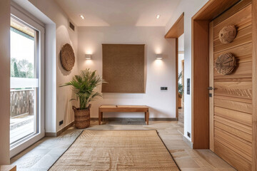 Obraz premium Interior stylish modern wooden entrance hallway decor with cozy wooden tone, contemporary home with furniture desk, stand and shoe bench.