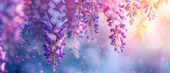 Beautiful wisteria flowers as an abstract floral backdrop. Space for text, wide panorama, banner.