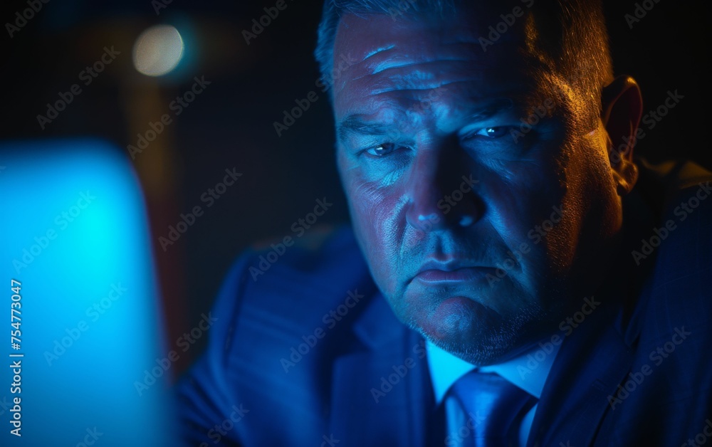 Poster a man of diverse descent, dressed in a professional suit, focused on analyzing information displayed