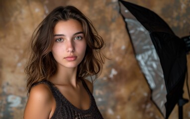 A multiracial woman stands elegantly with a black umbrella in hand