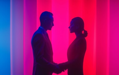 A multiracial couple standing together in front of a plain wall, looking at the camera